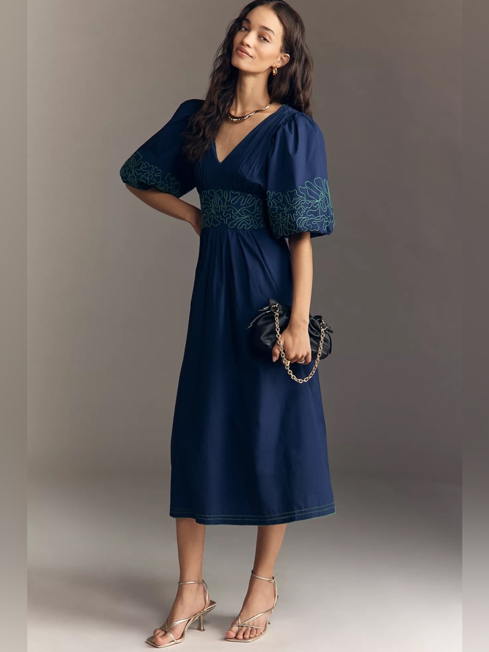 Anthropologie Navy Midi Dress with Green Embroidered Waist and Sleeves